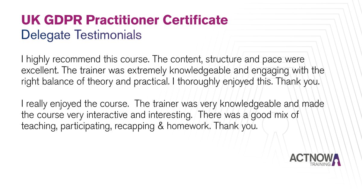 Looking to deepen your understanding of UK GDPR? Our Practitioner Certificate blends theory with real-world application, perfect for those taking on the DPO role.

For more information and to book your space, please visit our website - actnow.org.uk/gdprcertificate