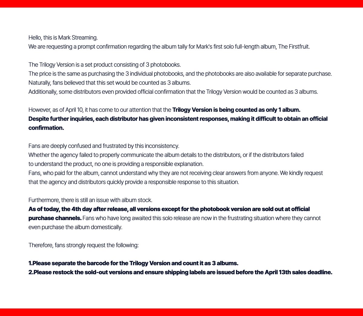 MARKLEE_STRM's tweet image. 안녕하세요, 마크 스트리밍 입니다.

저희는 마크의 첫 번째 솔로 정규 앨범 ‘The Firstfruit’의 음반 집계와 관련하여 빠른 확인을 요청드립니다.

1. 포토북 세트 버전의 바코드를 분리하여 포토북 3장으로 집계해주시길 바랍니다.
2. 품절 상태인 버전의 물량을 풀고 4/13 초동 마감 전 운송장…
