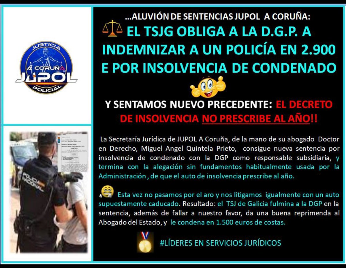 🧑🏻‍⚖️ Importantísima sentencia conseguida por <a href="/Jupol_LaCoruna/">Jupol A Coruña</a> : 

⚖️El TSJG obliga a la DGP a indemnizar a un Oficial en  💰2.900 E por insolvencia de condenado por atentado.

¡🚨🚨Y sentamos nuevo precedente: EL AUTO DE INSOLVENCIA NO PRESCRIBE AL AÑO.!!

#ProfesionDeRiesgoYa