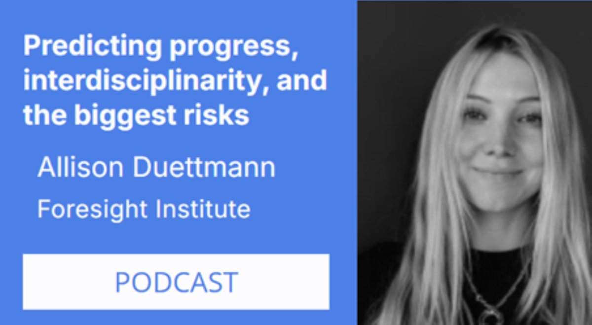DeSci Foundation (@descifoundation) on Twitter photo In this Future of Science episode, <a href="/allisondman/">Allison Duettmann</a>, President and CEO of <a href="/foresightinst/">Foresight Institute</a>, shares the story behind the non-profit's founding and its mission to support the beneficial development of high-impact technologies.
We explore whether predicting progress is possible, what In this Future of Science episode, <a href="/allisondman/">Allison Duettmann</a>, President and CEO of <a href="/foresightinst/">Foresight Institute</a>, shares the story behind the non-profit's founding and its mission to support the beneficial development of high-impact technologies.
We explore whether predicting progress is possible, what