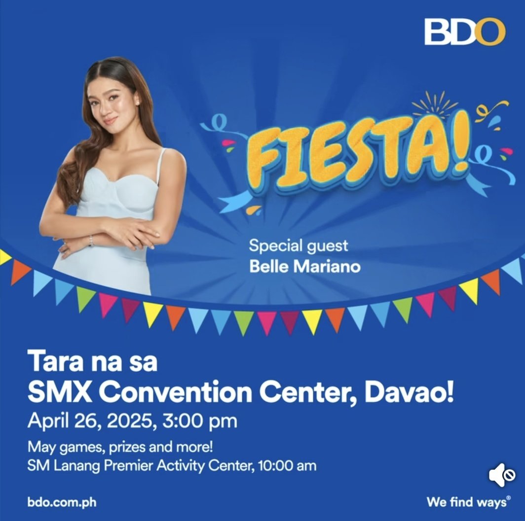DonBelle Official (@donbelleofc) on Twitter photo FB | @.BDOUnibank post!
"🌟 Maayong adlaw, Davao! 🌟 It’s time to celebrate BDO Fiesta at SM Lanang Premier for a day of fun, surprises, and excitement! .......
🎤 Live performances from <a href="/bellemariano02/">Belle Mariano</a>, Alden Richards, MC & Lassy, and Donita Nose!
📍 3 p.m. SMX Convention FB | @.BDOUnibank post!
"🌟 Maayong adlaw, Davao! 🌟 It’s time to celebrate BDO Fiesta at SM Lanang Premier for a day of fun, surprises, and excitement! .......
🎤 Live performances from <a href="/bellemariano02/">Belle Mariano</a>, Alden Richards, MC & Lassy, and Donita Nose!
📍 3 p.m. SMX Convention
