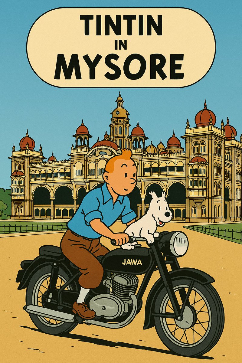 SanandanaYS's tweet photo. Any old unsolved mysteries is Mysore?
It would make a beautiful Tintin story now.
Tintin rides a Jawa in his adventures 🙂
Generated using ChatGPT

@reach_anupam @anandmahindra @jawamotorcycles https://t.co/Xz9rI5oSIr