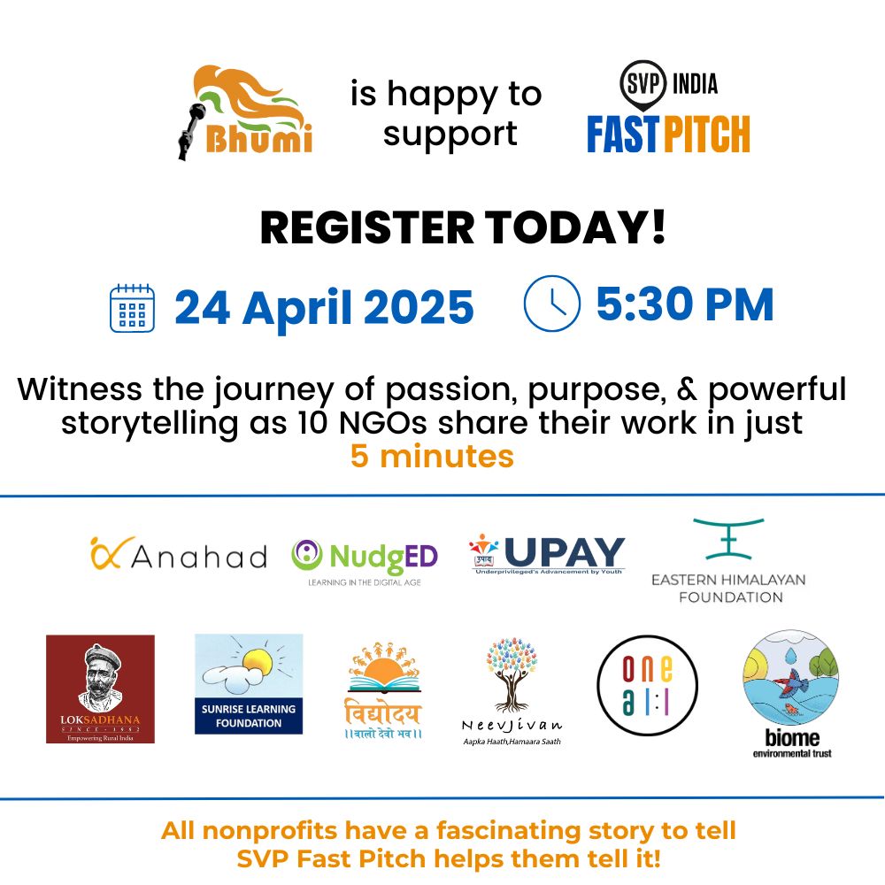 BhumiOrg's tweet image. 🚀 Support bold changemakers at #SVPFastPitch2025

Join Bhumi &amp;amp; SVP India to uplift mission-driven non-profits ready to scale their impact.

🗓️ April 24 |🕠 5:30 PM
🔗 Register: go.bhumi.ngo/svp2025

#ImpactAccelerator #SupportNonprofits #CSRLeadership #PartnerForImpact #Bhumi