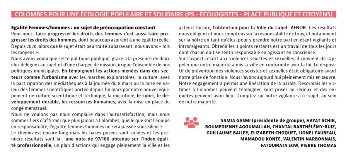 🔴 Sous l’impulsion de la 1ère Adjointe <a href="/fatousow92/">Fatoumata Sow</a> et de <a href="/pj_stephan/">Pierre-Jean Stephan</a>, la <a href="/VilleColombes/">Ville de Colombes</a> déploie depuis 2020 une politique volontariste en termes d’#égalitéFH. 

🔎 Retrouvez notre tribune dans le magazine municipal du mois d’avril ⤵️
