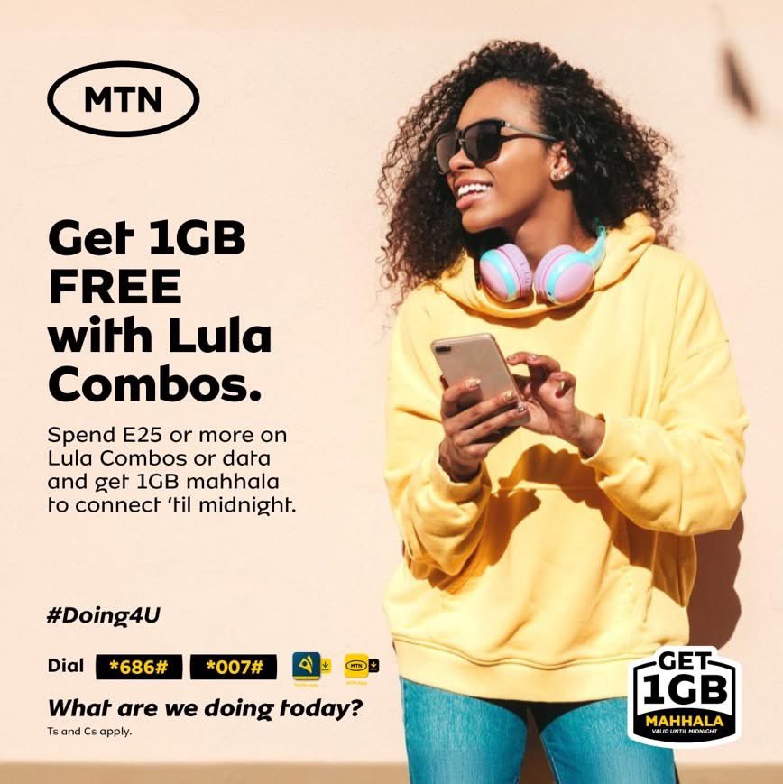 MTNEswatini's tweet photo. Buy any MTN data bundle or Lula Combo for E25 or more and get 1GB FREE, valid until midnight! Stay connected, stream more, and chat non-stop! ๐Dial 686# or 007# to buy now!
#Doing4U #MTNEswatini #Free1GB #StayConnected https://t.co/gI3Ua4seEo