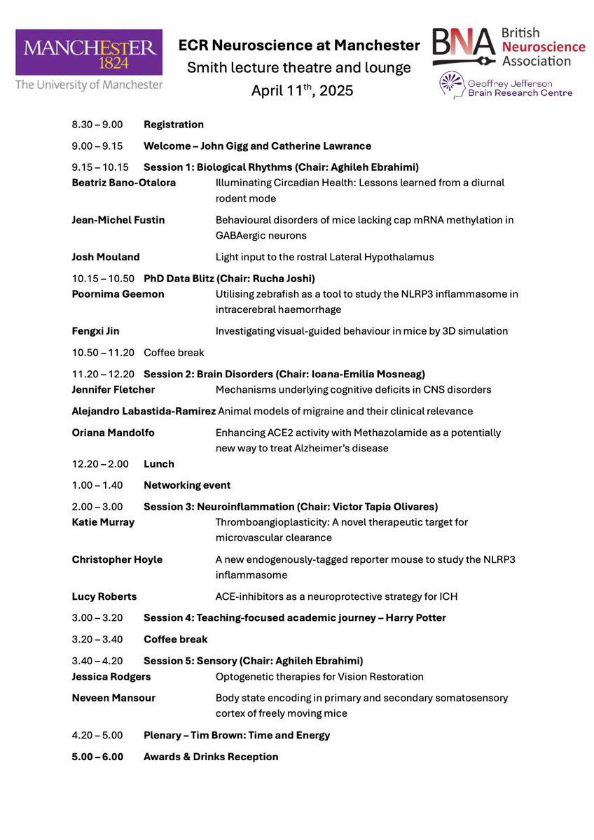 Aghileh S Ebrahimi (@aghilehe) on Twitter photo We’re really excited about tomorrow’s ECR Neuroscience at Manchester event <a href="/OfficialUoM/">The University of Manchester</a>, a day full of excellent talks, posters, and community vibes!
Proudly supported by <a href="/BritishNeuro/">British Neuroscience Association</a> and <a href="/DNS_UOM/">Division of Neuroscience</a> , huge thanks to everyone involved in making it happen! We’re really excited about tomorrow’s ECR Neuroscience at Manchester event <a href="/OfficialUoM/">The University of Manchester</a>, a day full of excellent talks, posters, and community vibes!
Proudly supported by <a href="/BritishNeuro/">British Neuroscience Association</a> and <a href="/DNS_UOM/">Division of Neuroscience</a> , huge thanks to everyone involved in making it happen!