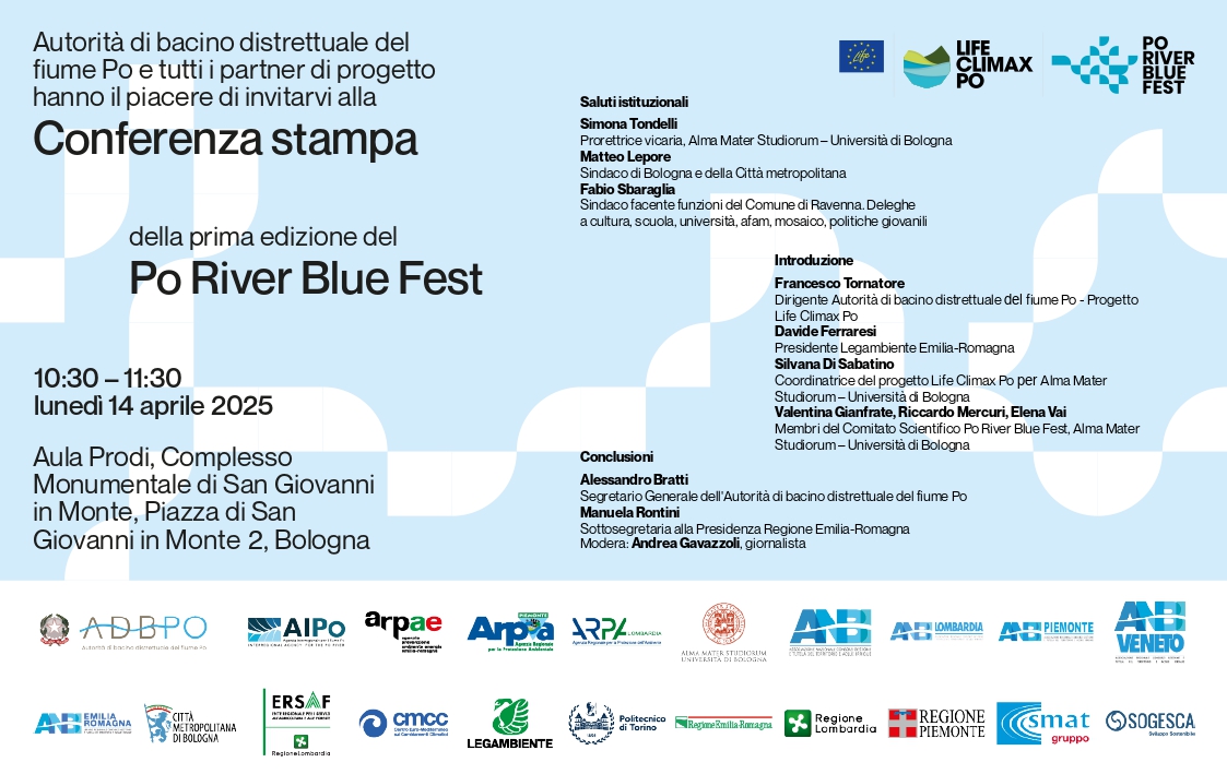 Aspettando il Po River Blue Fest👇
Lunedì 14 aprile h10:30 <a href="/Unibo/">Università di Bologna</a> Aula Prodi, presentiamo il nuovo festival sull’adattamento climatico e la gestione sostenibile dell’acqua nel bacino del Po.

Evento promosso da #LifeClimaxPo
📍Bologna
