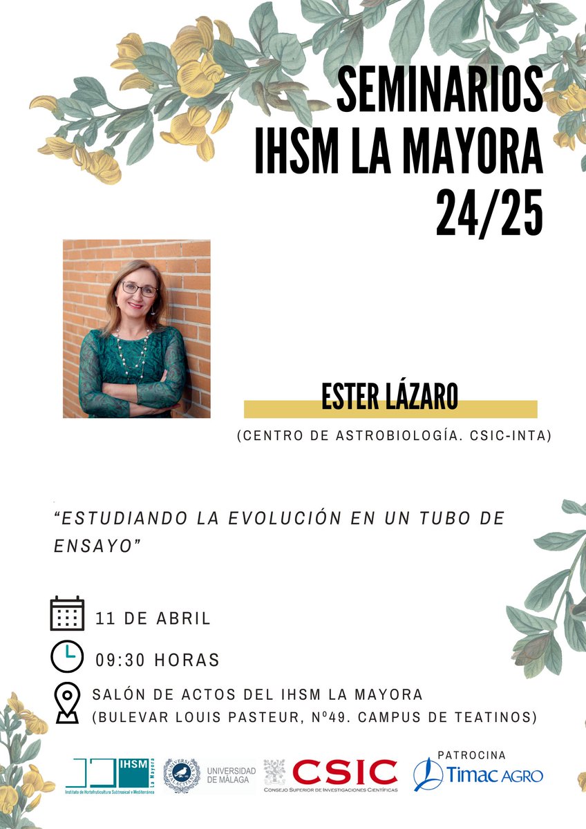 📋 ¡Este viernes tendremos una nueva sesión dentro del ciclo de Seminarios del IHSM La Mayora!
Ponencia de la investigadora Ester Lázaro (Centro de Astrobiología (CSIC-INTA)

🕤 9:30h
📍 Auditorio IHSM La Mayora (Bulevar Louis Pasteur, 49. Málaga)