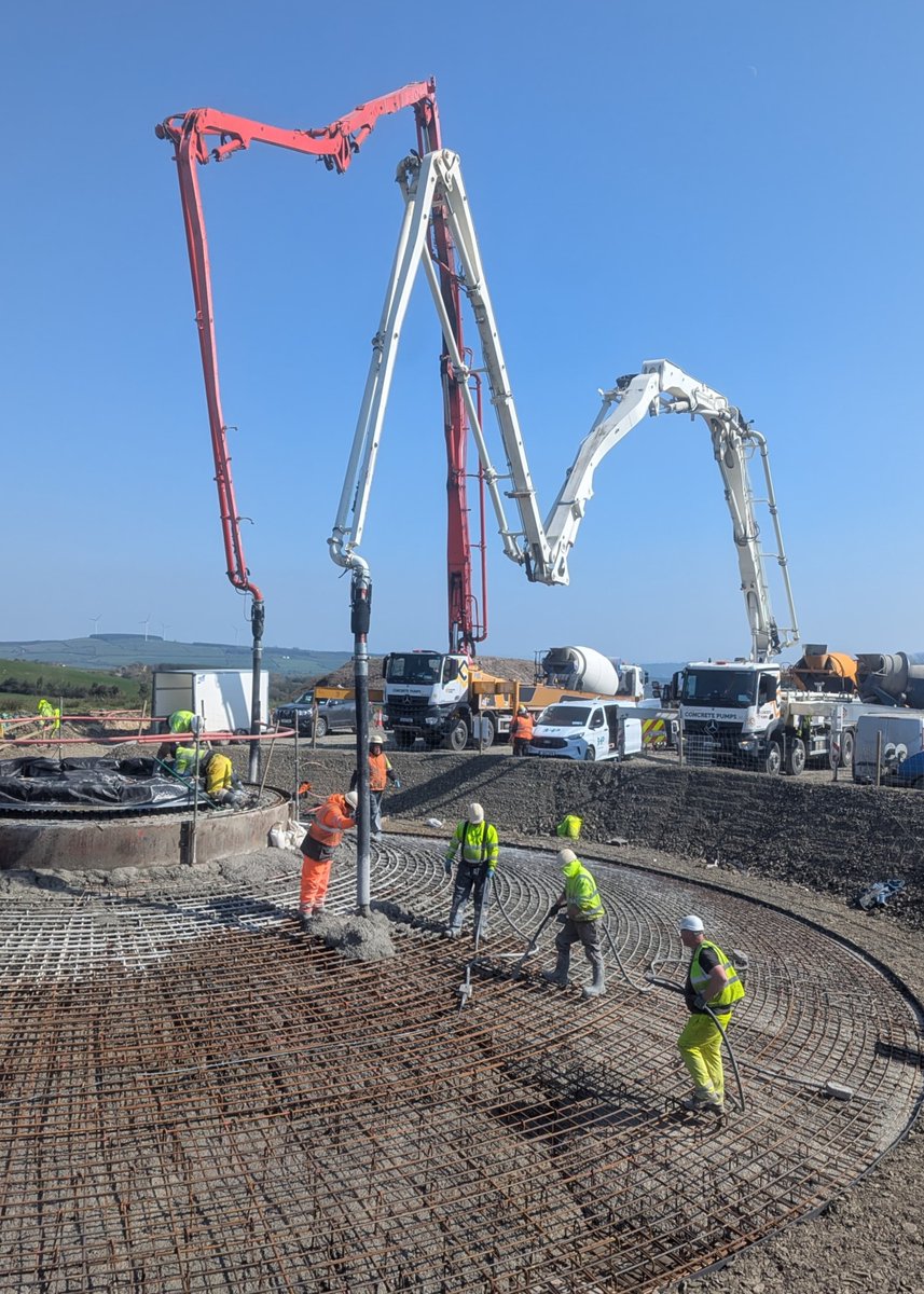 roadstoneLtd's tweet photo. We are in the final stages of pouring the last of 9 wind turbine bases (approx. 570m³ per base) for Adman, who are carrying out this major project in Farranrory, Co. Tipp. This project has seen 22 trucks in action, drawing concrete from our Killough and Bennettsbridge locations https://t.co/ZBq1ochmgR