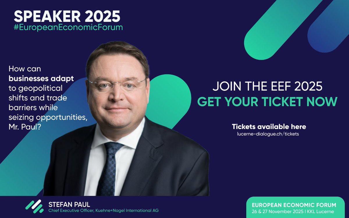 Lucerne Dialogue (@lucernedialogue) on Twitter photo 🌍 Global supply chains are under pressure like never before. At #EEF25, <a href="/Kuehne_Nagel/">Kuehne+Nagel</a> CEO Stefan Paul shares how to turn logistics into a strategic advantage—from foresight to agility.
If you lead, you need to know how. 🎟 Don’t miss out: lucerne-dialogue.ch/en/tickets 🌍 Global supply chains are under pressure like never before. At #EEF25, <a href="/Kuehne_Nagel/">Kuehne+Nagel</a> CEO Stefan Paul shares how to turn logistics into a strategic advantage—from foresight to agility.
If you lead, you need to know how. 🎟 Don’t miss out: lucerne-dialogue.ch/en/tickets