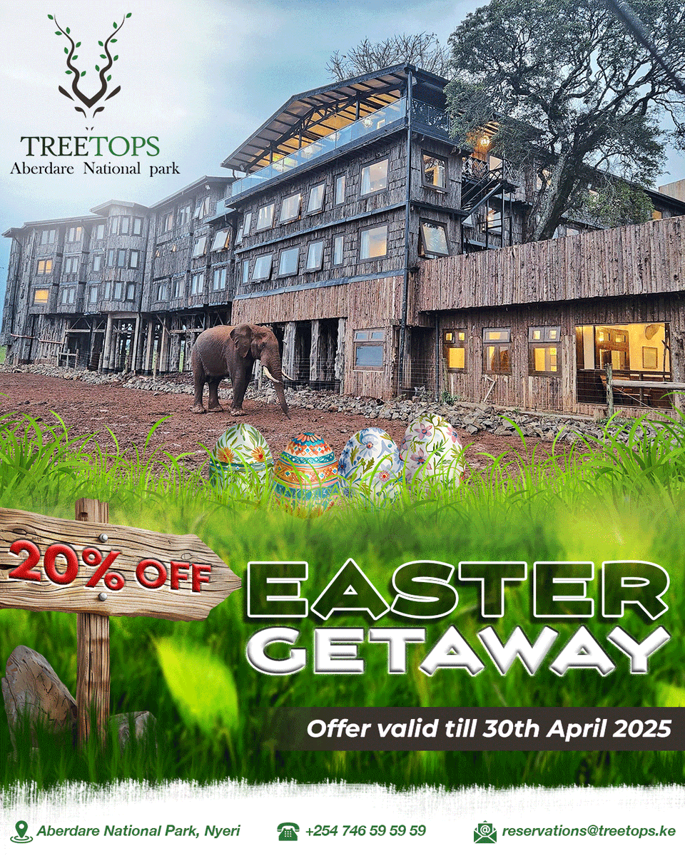 🚨 Easter Escape Alert! 20% OFF stays at Treetops Lodge (Aberdare NP) till 30 Apr! 🦒
Sleep with elephants, explore lush trails, book now: +254 746 59 59 59.
#EasterDeals #KenyaAdventure #TreetopsMagic