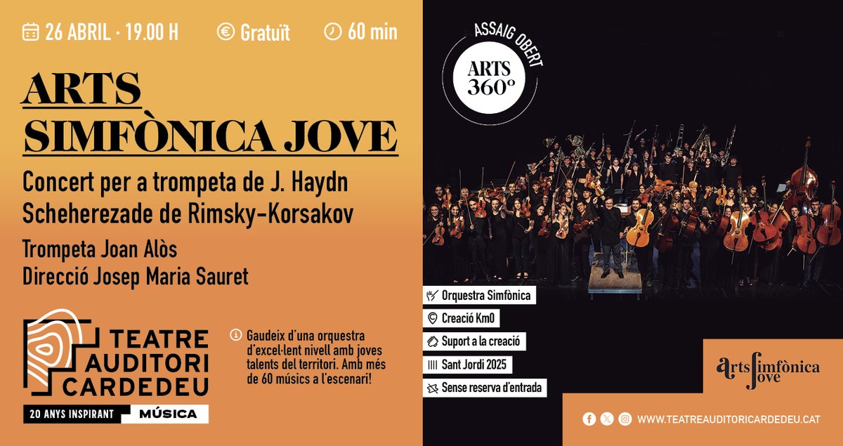 Has vist mai un assaig obert d'orquestra? 
I si l'has vist, vine a escoltar el nou repertori amb solista que està preparant
🎼 Arts Simfònica Jove 
        26/4 a 19 h 
        Gratuït
+ Info tuit.cat/MI9t9
#ARTS360º Apropem la creació i el públic!