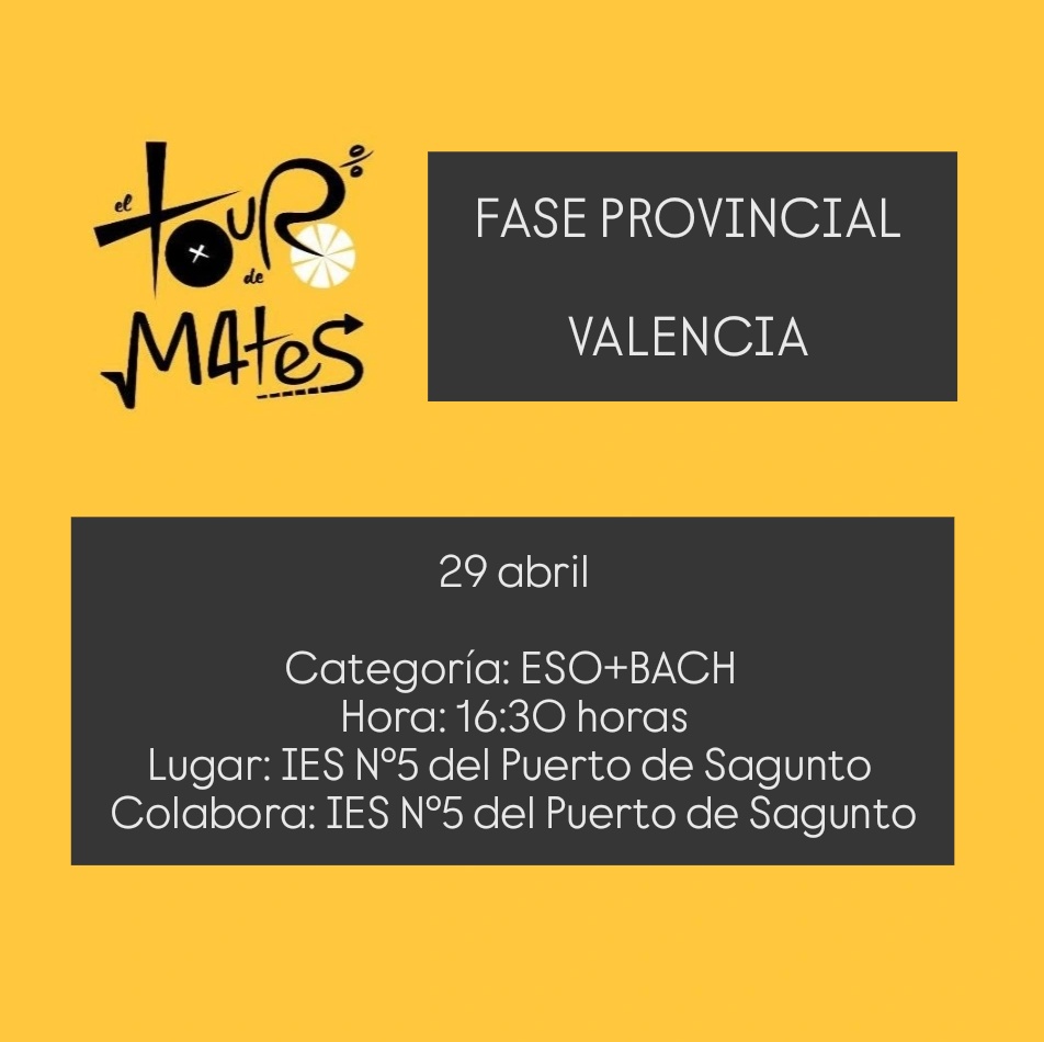 FASE PROVINCIAL VALENCIA.
El día 29 de abril se celebra en el IES Nº5 del Puerto de Sagunto, en la categoría de ESO+BACH a las 16:30 con la colaboración del IES Nº5 del Puerto de Sagunto.
A pedalear con ganas 
🚴🏻‍♀️🚲🚴🏻🚲🚴🏻‍♂️
#elTourdeMates #cálculomental #calculandoqueesgerundio