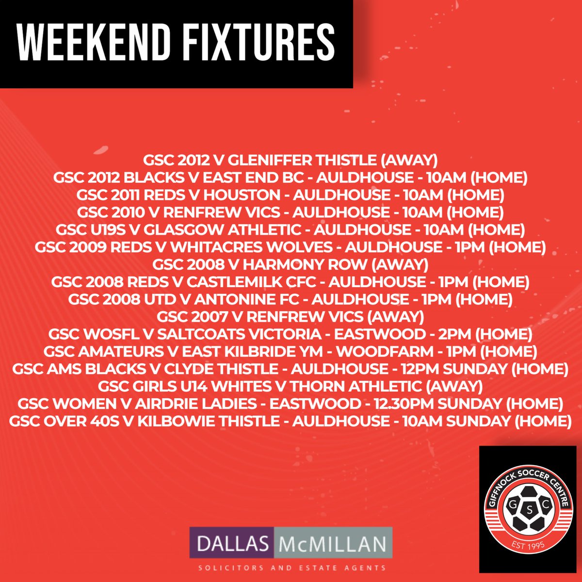 𝗪𝗘𝗘𝗞𝗘𝗡𝗗 𝗙𝗜𝗫𝗧𝗨𝗥𝗘𝗦 🔴⚽⚫ 

Still plenty of football to enjoy during the Easter holidays 🐣 

#gscfamily