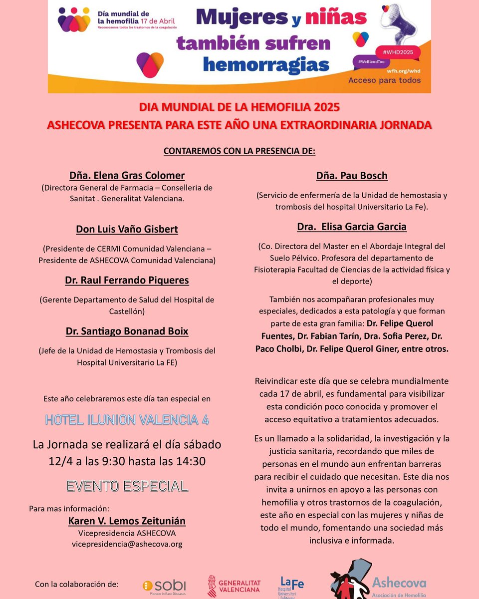Sobi_Iberia's tweet photo. #SavetheDate: Este 17 de abril estaremos con @ASHECOVA en su acto para celebrar el Día Mundial de la Hemofilia, #WHD2025.
📆 17 Abril
🕥 9:30h-14:30h
📍 Hotel Ilunion Valencia
¡Os esperamos!
#Hemofilia #ImpactoPositivo #CompromisoCERcano https://t.co/YqtPDmweP6
