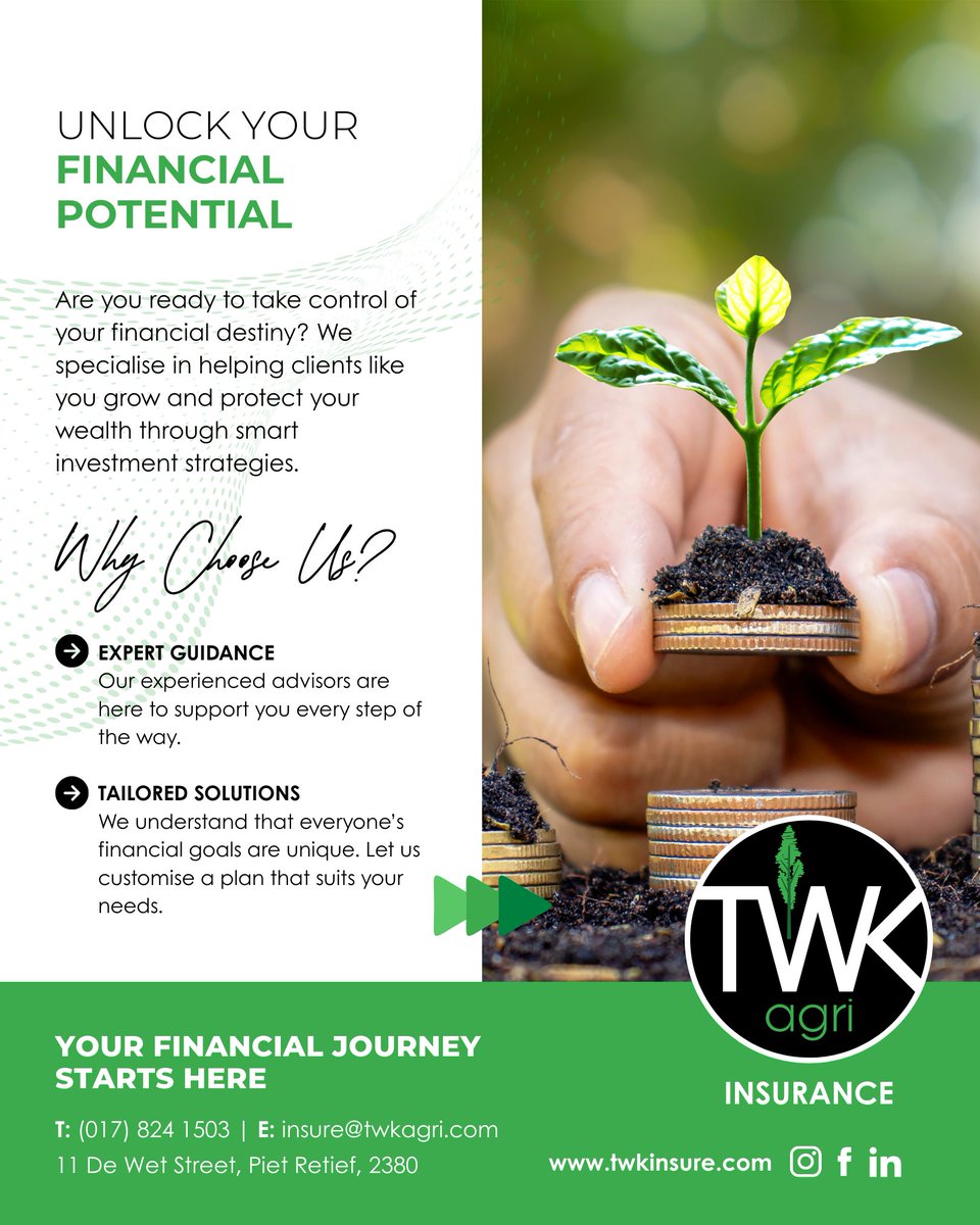 Unlock Your Financial Potential - Your journey to financial freedom starts with the right support and smart strategies. 

📞 (017) 824 1503
📧 insure@twkagri.com
📍 11 De Wet Street, Piet Retief
🌐 twkinsure.com

#SmartInvesting #FinancialGrowth #WealthPlanning