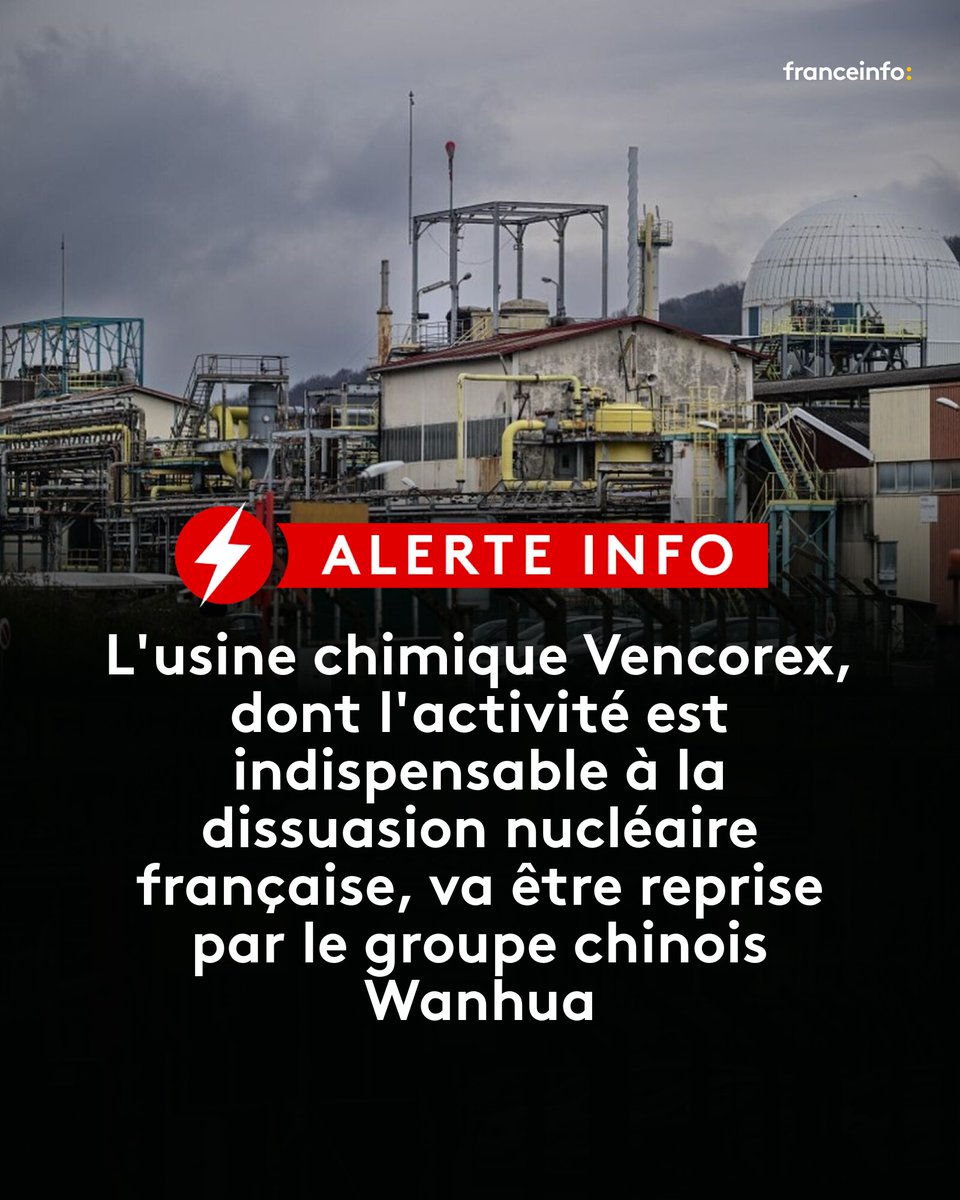franceinfo's tweet image. ⚡ ALERTE INFO :

Wanhua, est le principal concurrent de Vencorex, via une filiale hongroise (BorsodChem). Il prévoit d'investir 10 millions d'euros et de ne conserver que 50 emplois sur les 300 employés restants du site près de Grenoble (Isère).

➡️ l.francetvinfo.fr/dui