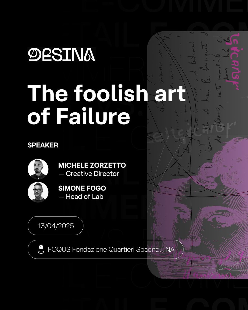 AQuest (@aquest) on Twitter photo On April 13th come join us at DESINA - the Festival of Graphics and Visual Cultures.
We will bring our contribution to the conversation with the #speech “The foolish art of Failure,” an exploration of the meaning of failure in the creative context
See you there!
#Desina03 On April 13th come join us at DESINA - the Festival of Graphics and Visual Cultures.
We will bring our contribution to the conversation with the #speech “The foolish art of Failure,” an exploration of the meaning of failure in the creative context
See you there!
#Desina03