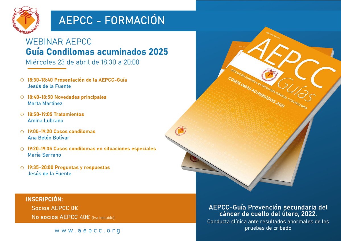 📢 ¡Se acerca el Webinar de AEPCC!

 "Guía Condilomas Acuminados 2025" 📖

🗓️ 23 abril 2025
🕠 De 18:30 a 20:00h
🖊️ Inscripción gratuita para socios
📍 Modalidad online

🔗 Inscripciones aquí👇aepcc.org/cursos-aepcc-g…

#AEPCC #Webinars2025 #GuíasAEPCC