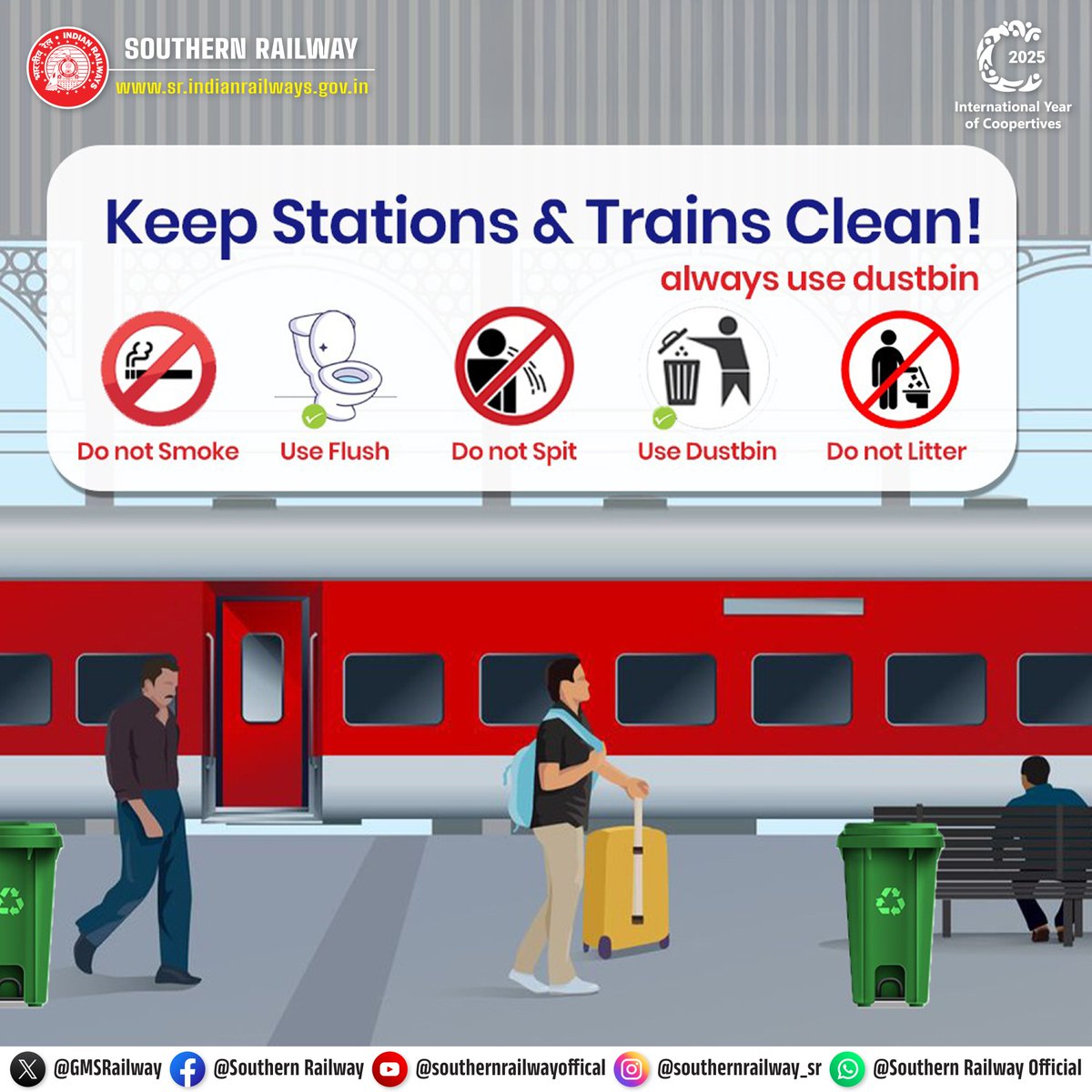 GMSRailway's tweet image. Maintaining clean stations and trains is a shared responsibility. Let's all do our part by following these simple guidelines.

Together, we can make a difference! 

#IndianRailways #CommunityEffort #TravelResponsibly #CleanStations #SouthernRailway