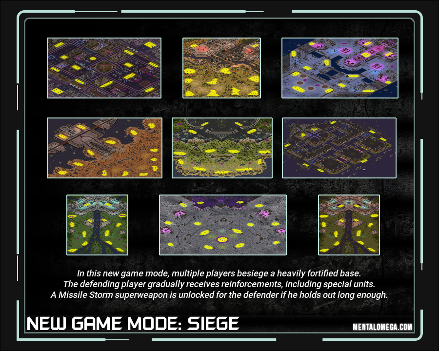 speeder_mo's tweet image. New mode in the next #MentalOmega: SIEGE, where multiple players fight against a heavily defended one, who progressively receives special reinforcements and a new Missile Storm superweapon. Comes with a set of 9 new unique maps created by Attenpeter.
#redalert2 #commandandconquer