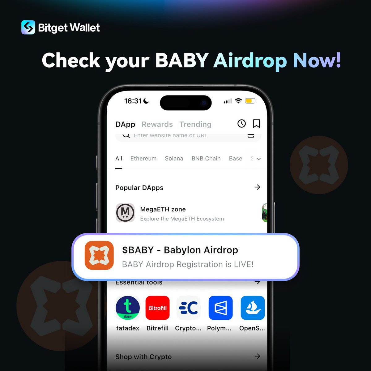 Check your $BABY airdrop allocation now 🚀 @babylonlabs_io No gas needed— Genesis TGE is live! Check now: 1️⃣ Open Bitget Wallet > Discover >  