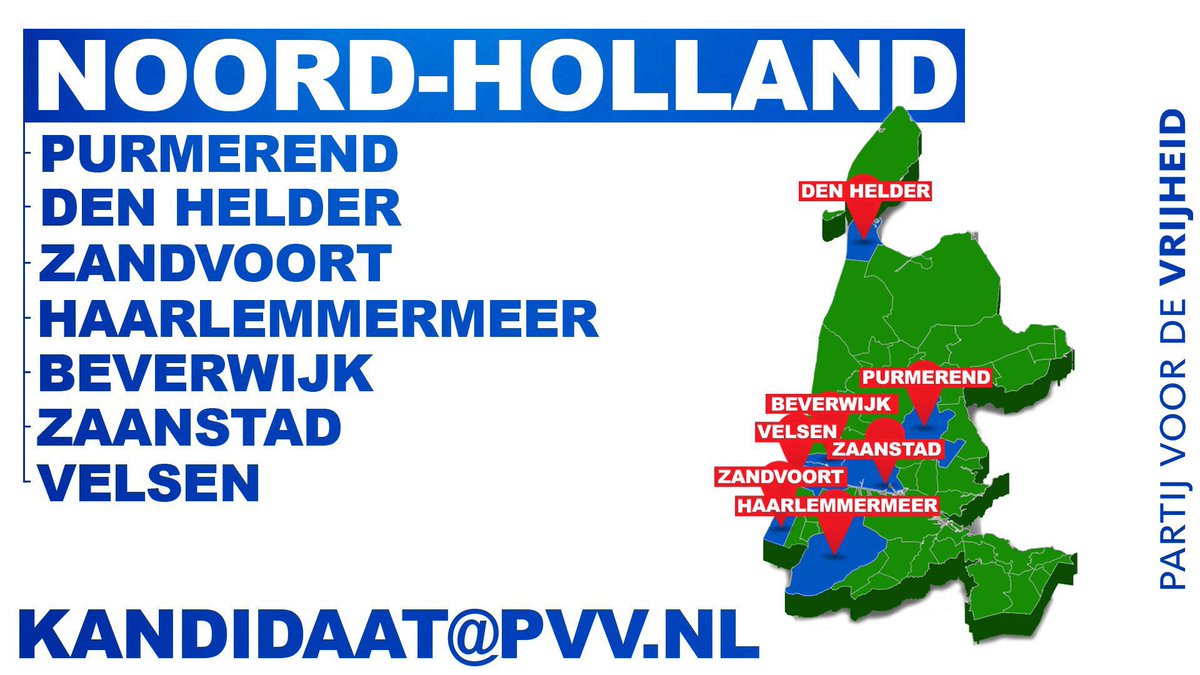 PVV Noord-Holland (@pvvnh) on Twitter photo In maart 2026 zijn gemeenteraadsverkiezingen.
De PVV zoekt kandidaten die Nederlanders op 1 willen zetten en het verschil willen maken!
Wil je in onderstaande gemeenten in Noord-Holland meedoen, stuur dan je motivatie en CV naar kandidaat@pvv.nl In maart 2026 zijn gemeenteraadsverkiezingen.
De PVV zoekt kandidaten die Nederlanders op 1 willen zetten en het verschil willen maken!
Wil je in onderstaande gemeenten in Noord-Holland meedoen, stuur dan je motivatie en CV naar kandidaat@pvv.nl