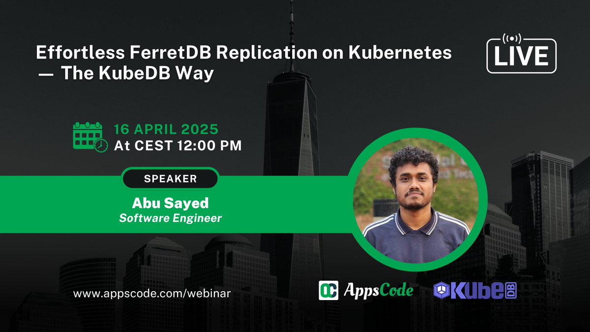 AppsCodeHQ's tweet image. Webinar Alert: Effortless FerretDB Replication on Kubernetes — The KubeDB Way 🚀 
Join us for an in-depth webinar on Replication of FerretDB
📅 When: 16 April 2025, CEST 12:00 PM
🔗 Register now: appscode.com/webinar/
#AppsCode #KubeDB #Kubernetes #Replication