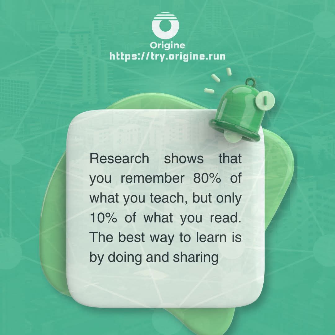 OrigineHQ's tweet image. Did you know? Research shows that you remember 80% of what you teach, but only 10% of what you read. 📚

The best way to truly master something is by doing and sharing.

try.origine.run

#LearningByDoing #TeachAndLearn #PersonalGrowth #KnowledgeSharing