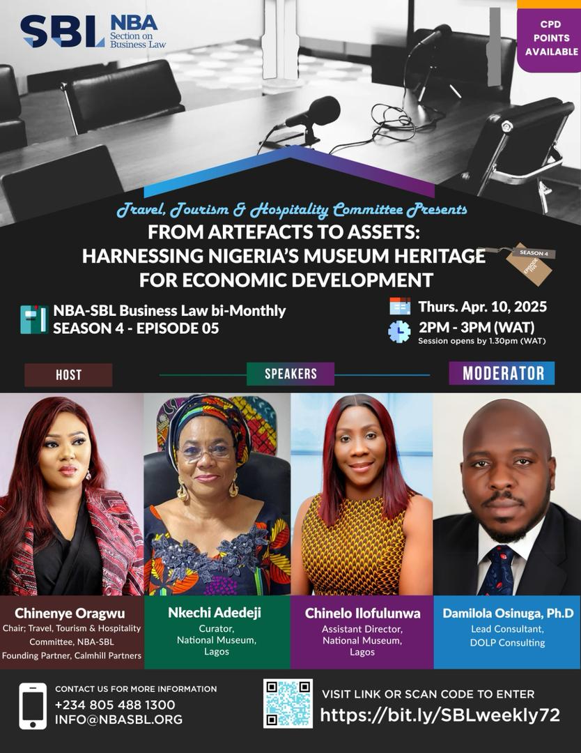 nbasblofficial's tweet photo. Join the NBA-SBL Travel, Tourism & Hospitality Committee for another insightful session of the Business Law bi-Monthly Series (Season 4, Episode 5) as we explore how Nigeria’s rich museum heritage can be transformed from artefacts to assets for national economic growth.

🔖 Theme: From Artefacts to Assets: Harnessing Nigeria’s Museum Heritage for Economic Development
📅 Date: Thursday, April 10, 2025
🕑 Time: 2 PM (WAT) | (Session opens by 1:30 PM)
🔗 Register Now: https://t.co/eQL5thEaOF

SPEAKERS:
Nkechi Adedeji – Curator, National Museum, Lagos
Chinelo Janemaria Ilofulunwa– Assistant Director, National Museum, Lagos

MODERATOR:
Dami Osinuga, PhD, CMILT – Lead Consultant, DOLP Consulting

HOST:
Chinenye Oragwu – Chair; Travel, Tourism & Hospitality Committee, Nigerian Bar Association Section on Business Law (NBA SBL) & Founding Partner, Calmhill Partners

Don’t miss this opportunity to engage with museum professionals and legal experts as they discuss the intersection of culture, tourism, and economic law.

📞 For Enquiries: Call/WhatsApp +234 805 488 1300
📧 Email: info@nbasbl.org

Come discover how our heritage can drive our economy!

#NBASBL2025 #NBASBL #Tourism #Lagos #MuseumHeritage #EconomicDevelopment #TourismLaw #CulturalAssets #BusinessLaw #SBLweekly #PreservePromoteProsper