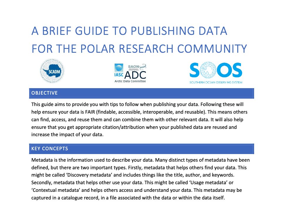 📊 Making polar research data count: 
New guide now available for polar researchers 📊

Learn how to publish your data so it can be easily found, used, and cited. 
Produced by SCADM, ADC <a href="/arcticdatactr/">Arctic Data Center</a> &amp; <a href="/SOOSocean/">SOOS</a>.

🔗 Download here: zenodo.org/records/151670…