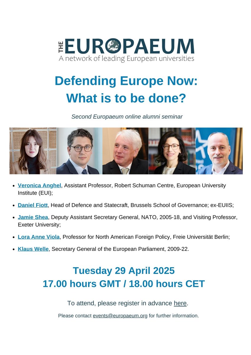 'Defending Europe Now: What is to be done?'. Online seminar by the Europaeum on developing a credible European defence &amp; security capability.
Location: Zoom (Online)
Date and Time: Tuesday 29 April, 5.00 pm GMT / 18.00 hours CET
Registration Link: lnkd.in/eBfe9z4D