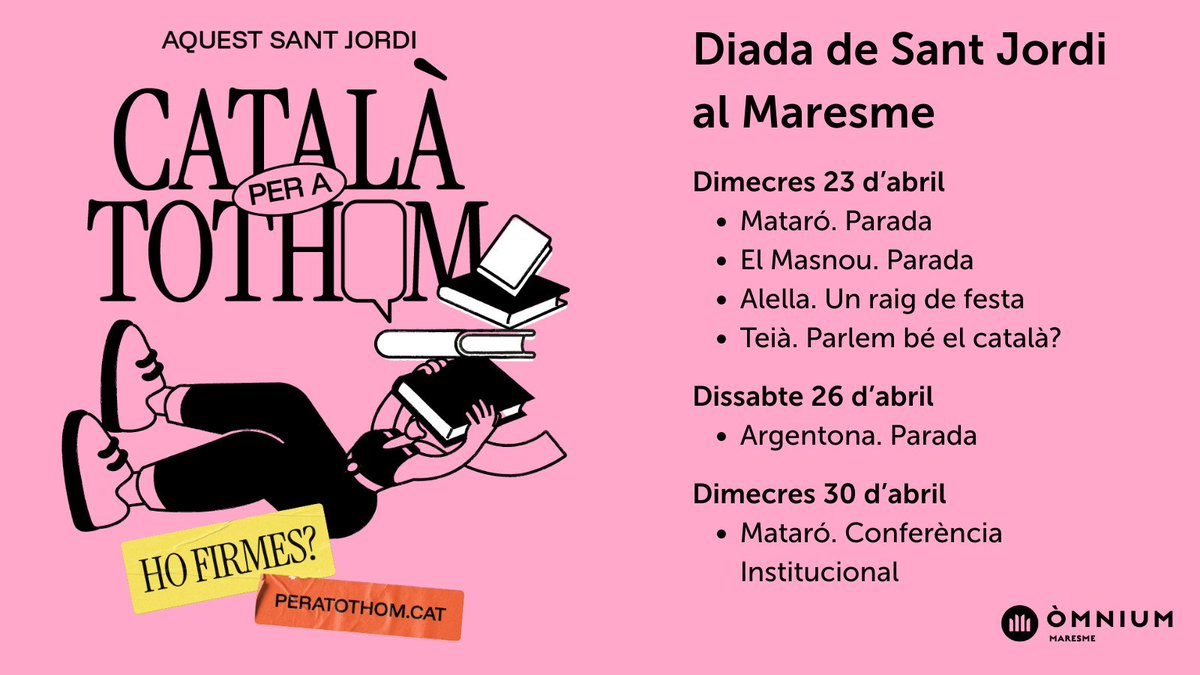 Celebrem Sant Jordi al carrer participant en les fires d'entitats.  
Fes-te'n voluntari: ja.cat/LYC5S 

23/04 
Mataró | La Riera 91 | 9 a 19 h 
El Masnou | Plaça Nova de les Dones del Tèxtil | 15 a 20 h 

26/04
Argentona | Plaça Nova | 11 a 14 h i 17 a 20 h