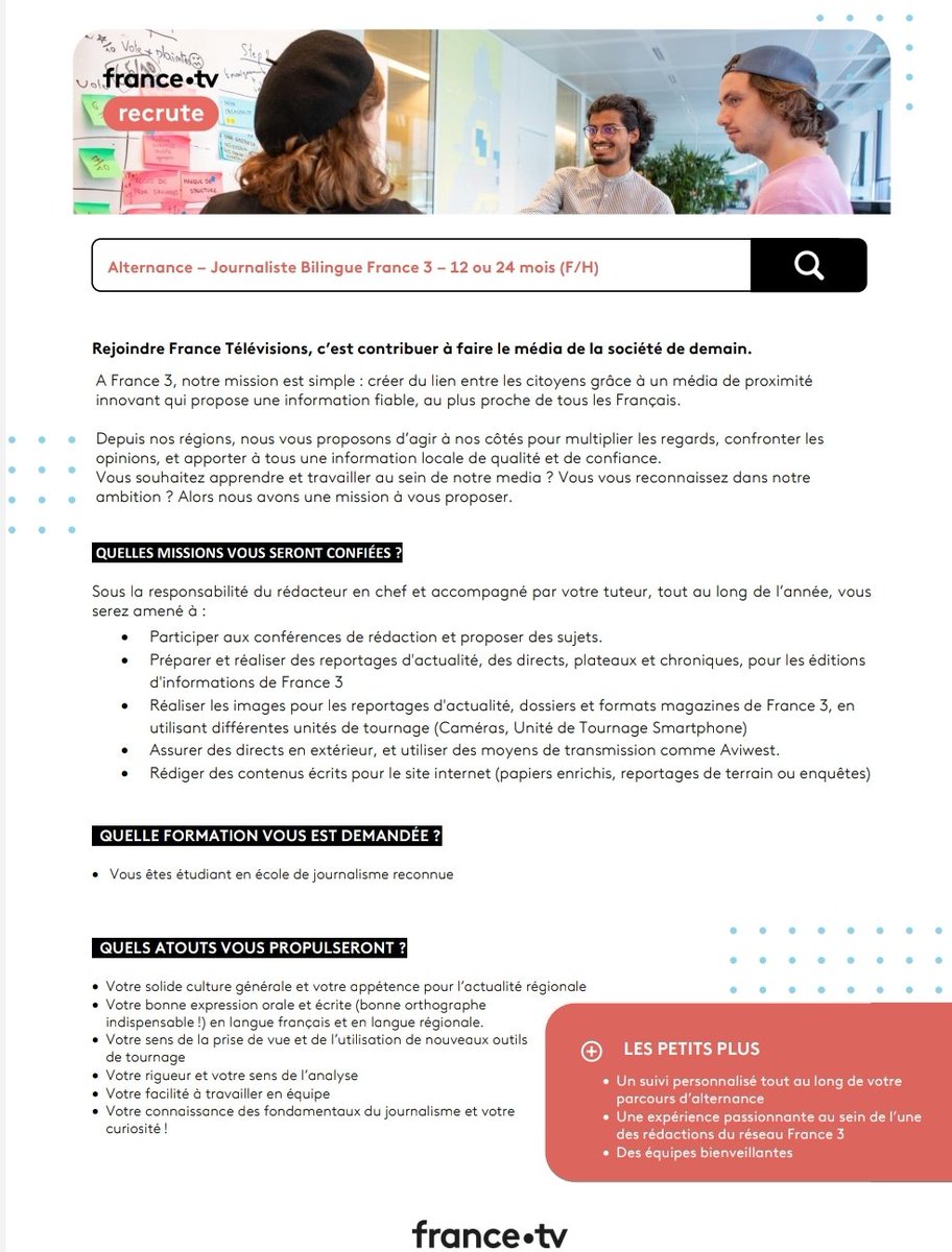 O klask un danvez kazetenner.ez divyezhek emañ <a href="/france3Bretagne/">France 3 Bretagne</a>, e Brest, evit bezañ deskard o labourat evit An Taol Lagad, keleier Iroise ha Breizh. 

France 3 Bretagne recherche un.e alternant.e journaliste bilingue pour sa rédaction de Brest (éditions An Taol Lagad, Iroise...)