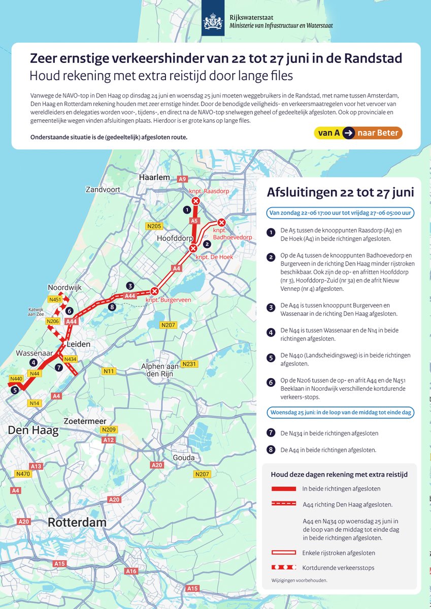 Weggebruikers opgelet! Van zondag 22 tot vrijdag 27 juni ernstige hinder in de #Randstad door de #NAVOtop. Houd rekening met een verdrievoudiging van de #Spits. Werk daarom thuis waar het kan en mijd de spits. 👇 bit.ly/4cs8N7O <a href="/MinBZ/">Ministerie van Buitenlandse Zaken</a>