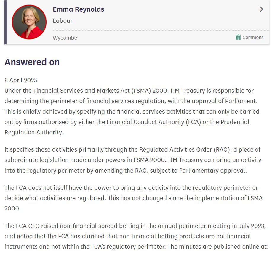 The latest answer from <a href="/EmmaforWycombe/">Emma Reynolds for Wycombe 🌹</a> in relation to a question from a #footballindex supportive MP. The 3 parapraphs that start are spot on. However she then deviates back to the FCA allowing themselves to clarify what sits in their perimeter which is totally contradicts above.