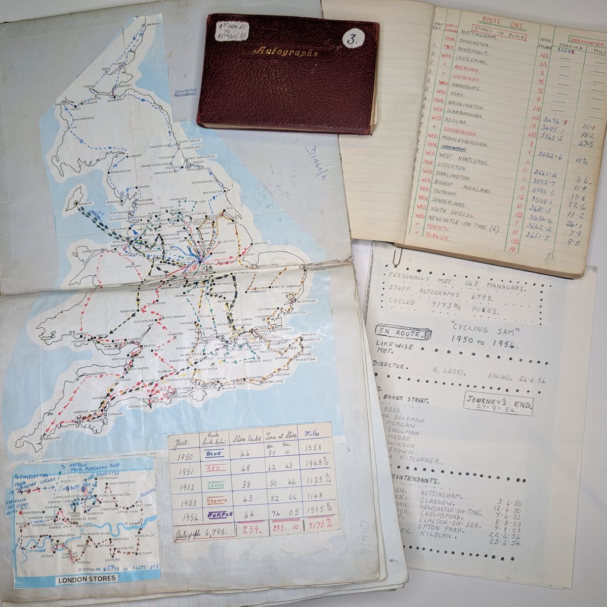 After being recently catalogued, these papers about 'Cycling Sam' made their debut in the reading room.

M&amp;S employee Sam Worton, aka 'Cycling Sam', spent his holidays cycling to 243 M&amp;S stores in 1950-1955. He collected staff signatures in his notebooks and recorded his routes.
