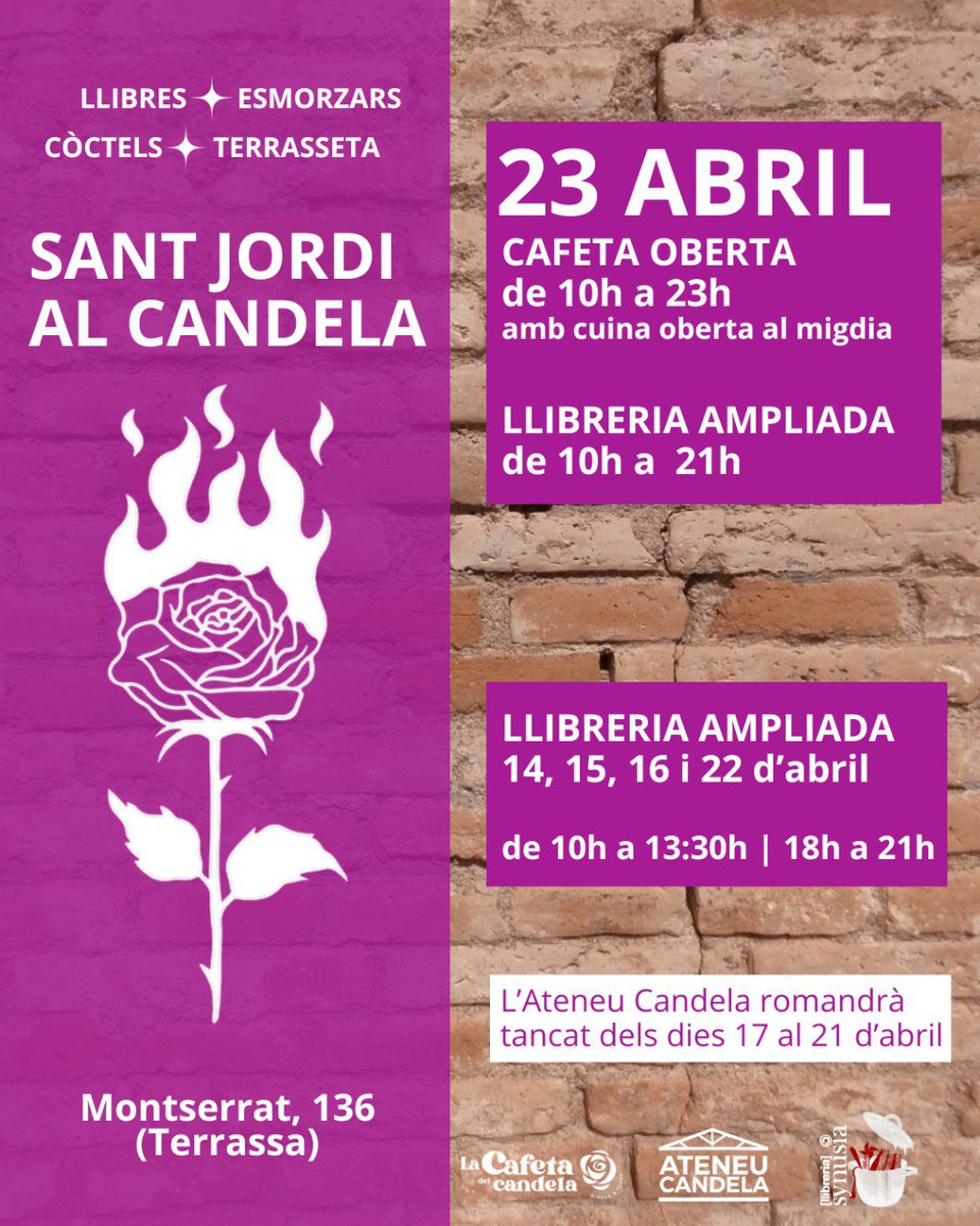 📚✨ A partir del dilluns 14 d'abril i fins el 23 d'abril fem Sant Jordi al Candela!🐉📚
📚 Omplim el Candela de llibres, cultura comunitària i bon ambient!
Us hi esperem!😊
#CandelaAbril25 #CandelaSJ25 #SynusiaSJ25 #CentreSocial #LaCafetaDelCandela #SantJordi25 #Terrassa