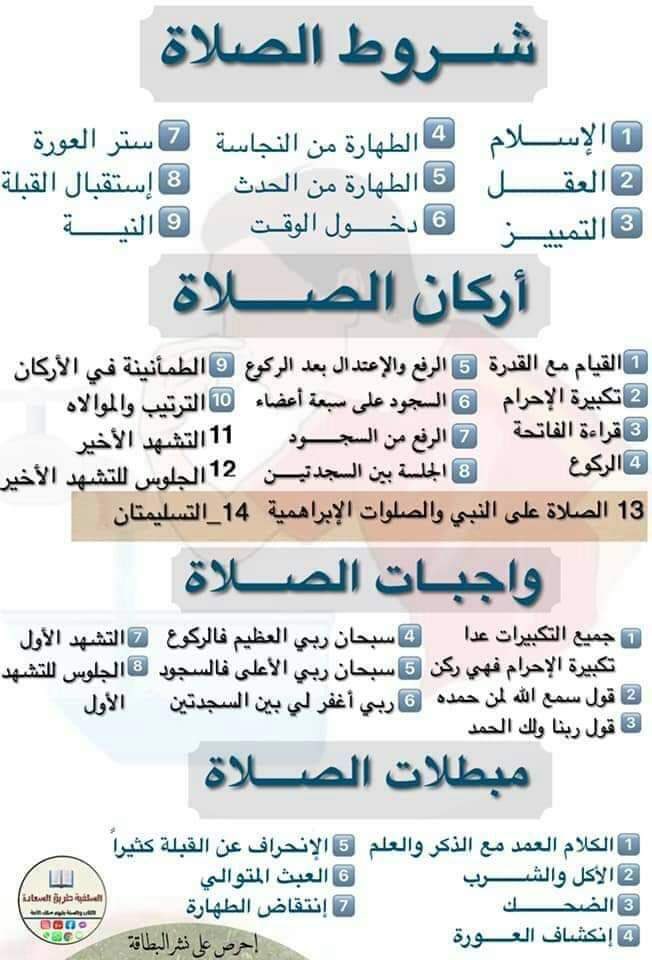 hamad_alkhudiri's tweet photo. الصلاة من أعظم الأعمال بعد الشهادتين، وهي الركن الثاني من أركان الإسلام.

فلا غنى للمسلم عنها في يومه وليلته، فهي صلة بين العبد وربه، وعمود الدين الذي لا يقوم إلا به.

شاركني الأجر، وانشر هذا الجدول الذي يحتوي على شروط الصلاة  وأركانها وواحباتها  ومبطلاتها، لنذكّر أنفسنا وغيرنا، ولننشر الخير بين الناس.