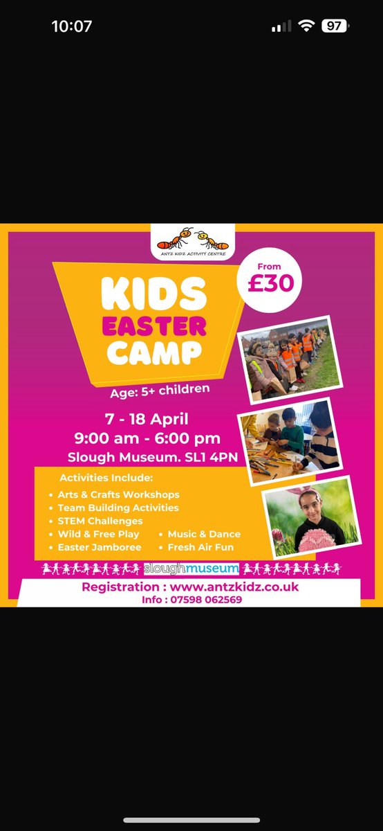 🐜 Easter Camp <a href="/SloughMuseum/">Slough Museum</a> 

🐜 Fun &amp; games - STEM - arts &amp; craft workshops - Jamboree 

🐜 Come &amp; join us next week Monday to Thursday 

🐜 8am until 6pm

🐜 Call today to book your egg-citing place for your children

🐜 Pack them a lunch &amp; we’ll do the rest!