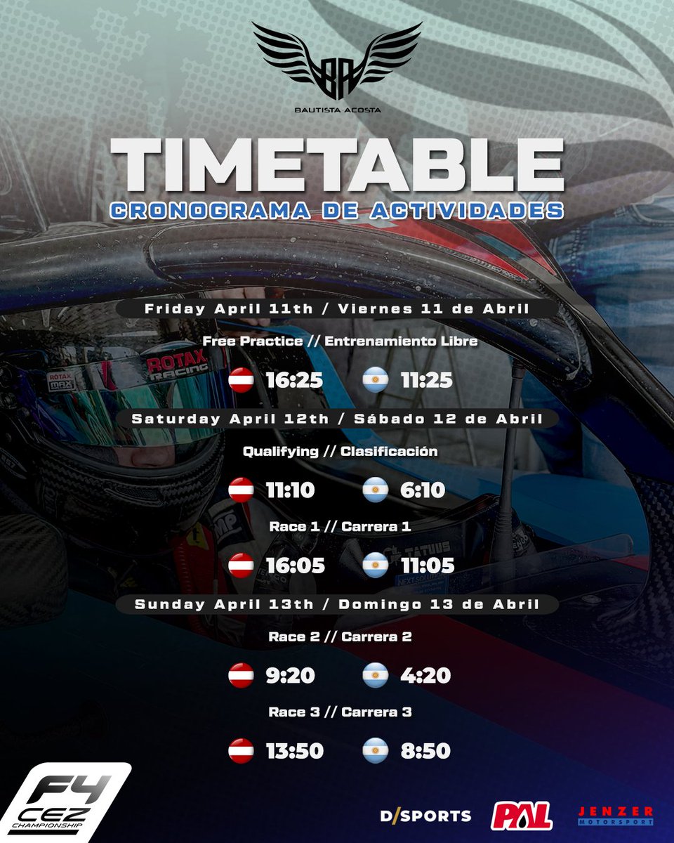 ⏰ Aquí van los horarios para mi debut en la F4CEZ este fin de semana en el Red Bull Ring 🇦🇹

Espectacular para acompañar con unos mates🧉🇦🇷
-
⏰ Timetable for my debut in F4 CEZ this weekend at the Red Bull Ring 🇦🇹

#F4 #Formula4 #F4CEZ #JenzerMotorsport #BA25