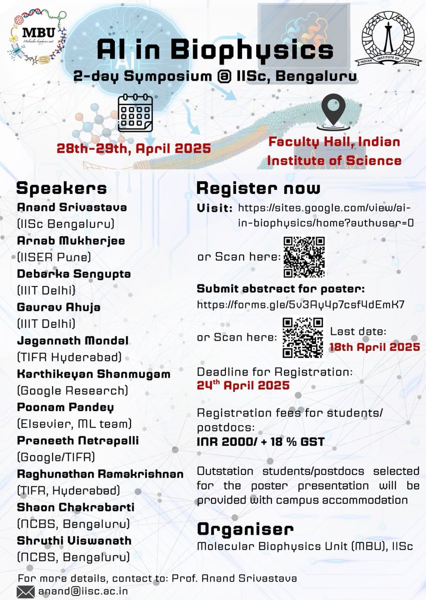 Anand Srivastava (@mbuanand) on Twitter photo Please Retweet! <a href="/MBU_IISc/">Molecular Biophysics Unit, IISc</a> <a href="/iiscbangalore/">IISc Bangalore</a> is organizing a 2-day national symposium (April 28-29) with "AI in biophysics" as its theme. You are cordially invited to attend this meeting!!
Visit our (in progress) symposium portal for more details. sites.google.com/view/ai-in-bio… Please Retweet! <a href="/MBU_IISc/">Molecular Biophysics Unit, IISc</a> <a href="/iiscbangalore/">IISc Bangalore</a> is organizing a 2-day national symposium (April 28-29) with "AI in biophysics" as its theme. You are cordially invited to attend this meeting!!
Visit our (in progress) symposium portal for more details. sites.google.com/view/ai-in-bio…