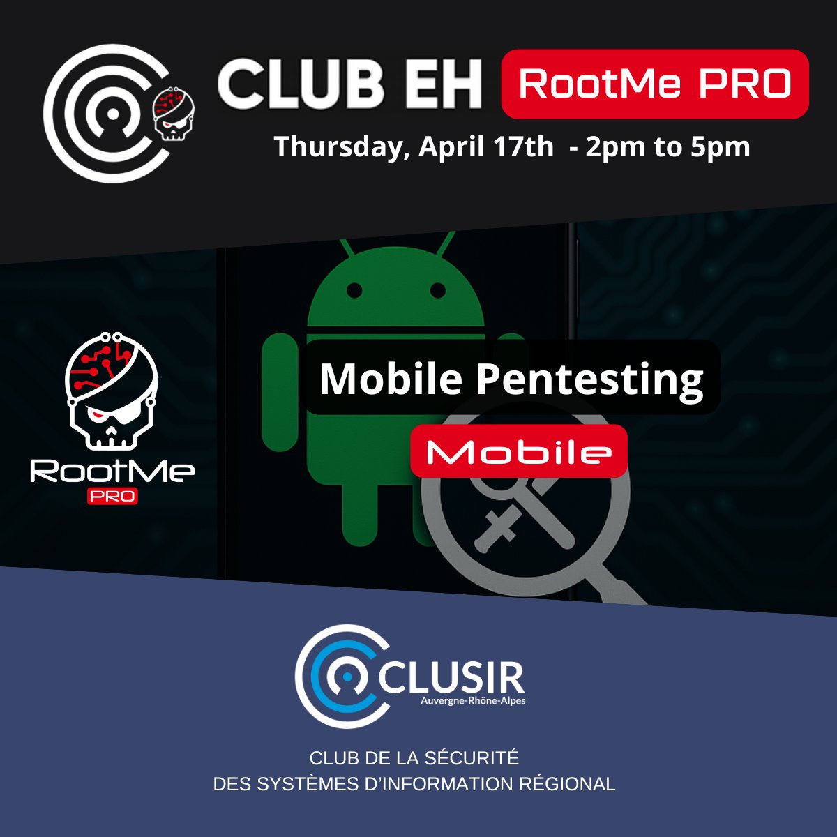 Root-Me (@rootme_org) on Twitter photo Coming soon: the next Club Ethical Hacking Root-Me PRO dedicated to Mobile Pentesting📲
Save the date: 17 April in Lyon, from 2pm to 5pm.
Put it into practice with exclusive challenges ⚔️⚡️
To join <a href="/Clusir_ARA/">CLUSIR Auvergne-Rhône-Alpes</a>
and register clusir-ara.fr/page/1857959-a…
#RootMePro Coming soon: the next Club Ethical Hacking Root-Me PRO dedicated to Mobile Pentesting📲
Save the date: 17 April in Lyon, from 2pm to 5pm.
Put it into practice with exclusive challenges ⚔️⚡️
To join <a href="/Clusir_ARA/">CLUSIR Auvergne-Rhône-Alpes</a>
and register clusir-ara.fr/page/1857959-a…
#RootMePro