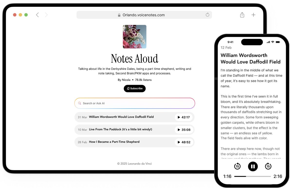 Nicola Fisher (@notealoud) on Twitter photo I've published online since the mid 1990s when I started to blog. <a href="/voicenotesai/">Voicenotes</a> now has Pages where you can publish selected voicenotes - like a mini podcast. I love it! Seeing mentions of my little publication, Notes Aloud, this morning made me giddy! Thanks <a href="/jijosunny/">Jijo Sunny</a>! 🥳 I've published online since the mid 1990s when I started to blog. <a href="/voicenotesai/">Voicenotes</a> now has Pages where you can publish selected voicenotes - like a mini podcast. I love it! Seeing mentions of my little publication, Notes Aloud, this morning made me giddy! Thanks <a href="/jijosunny/">Jijo Sunny</a>! 🥳