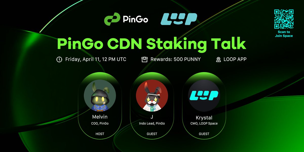 PinGoAI's tweet image. 🎙️Join PinGo CDN Staking Talk with @LOOPSPACE_xyz on LOOP!

Get the full rundown on how PinGo CDN Staking works and how you can start earning.

⏰12 PM UTC, April 11, Friday
🔗 LOOP Space: loopspace.xyz/s/Bjbcq7fxP5

Don’t miss it—join us and earn #PUNNY &amp;amp; #LOOP rewards!

#LoopSpace…