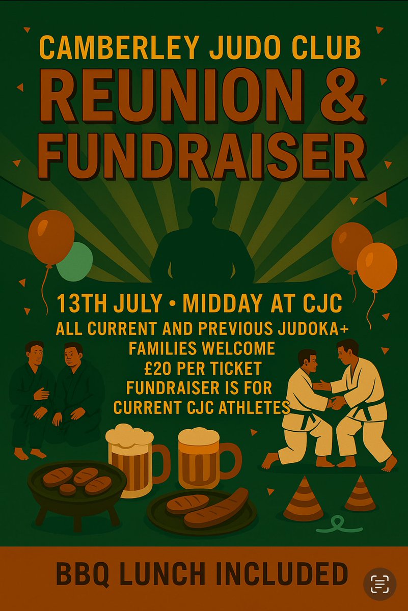 Reunion Fundraiser at CJC. 
Sunday 13th July 
Midday 
Tickets-…ey-elite-schools-judo.classforkids.io/camp/3