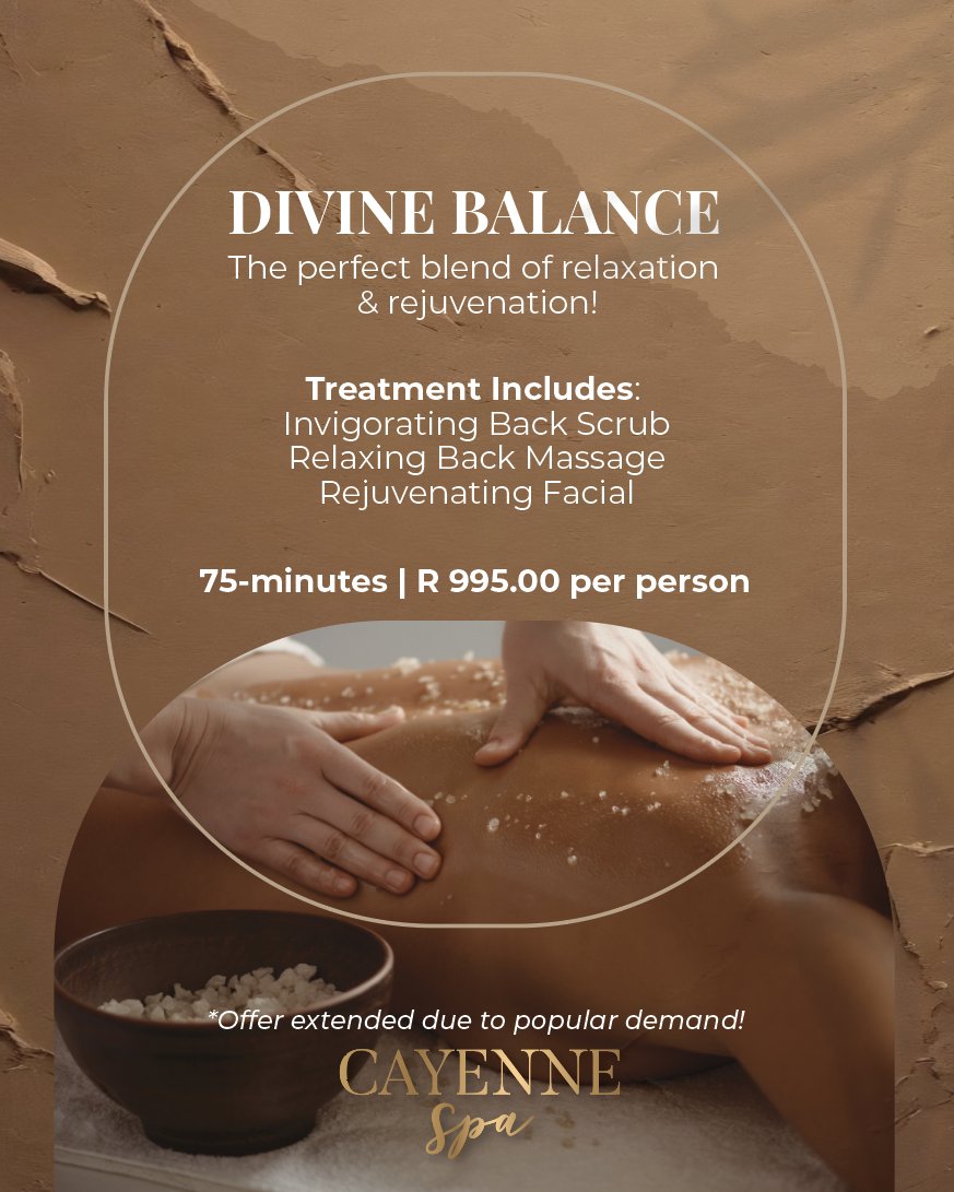 PepperclubHotel's tweet photo. We have extended our DIVINE BALANCE OFFER until 30 April!
75-Min | R995 p/p
You deserve to treat yourself!
021 812 8812 | WhatsApp: 076 606 7848
cayennespa@pepperclub.co.za
#cayennespa #fivestar #dayspa #capetown #citycentre #massage #facial #backmassagetherapy #BackScrub https://t.co/sncIz6ixiY