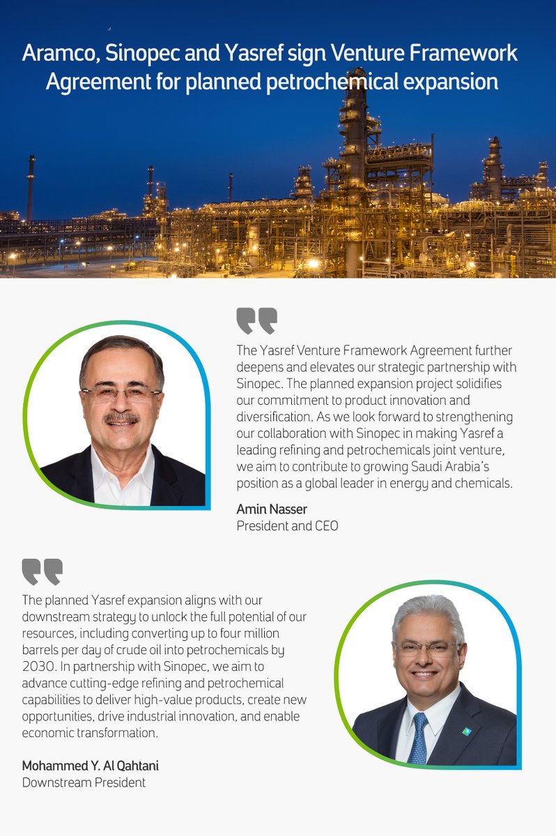 We’ve signed an agreement with Sinopec and Yasref to expand our petrochemical capabilities, laying the foundation for a fully-integrated complex at Yasref refinery to boost production and output

Learn more
bit.ly/3XUvGuC

#aramco