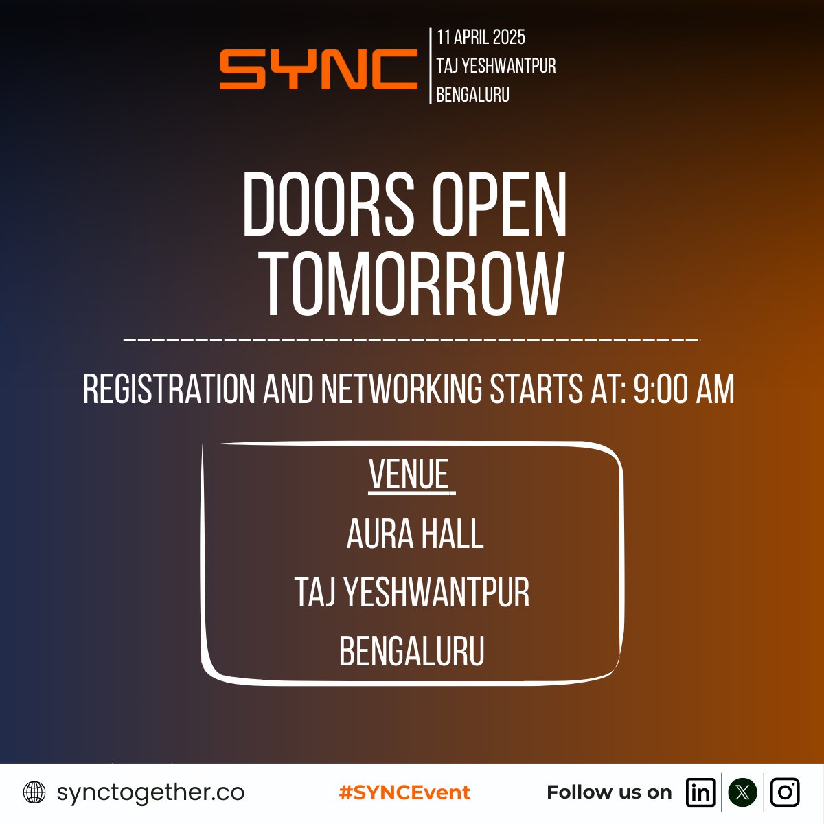 𝐃𝐨𝐨𝐫𝐬 𝐎𝐩𝐞𝐧 𝐓𝐎𝐌𝐎𝐑𝐑𝐎𝐖!
Join us at SYNC 2025 – the most awaited FinTech gathering in Bengaluru!

🔗 𝐒𝐞𝐜𝐮𝐫𝐞 𝐲𝐨𝐮𝐫 𝐬𝐩𝐨𝐭 𝐧𝐨𝐰: lnkd.in/e5QeUCfQ

#SYNCEvent #FinTechConference #BengaluruEvents #NetworkingOpportunity #SYNCBengaluru #FinTechEvent