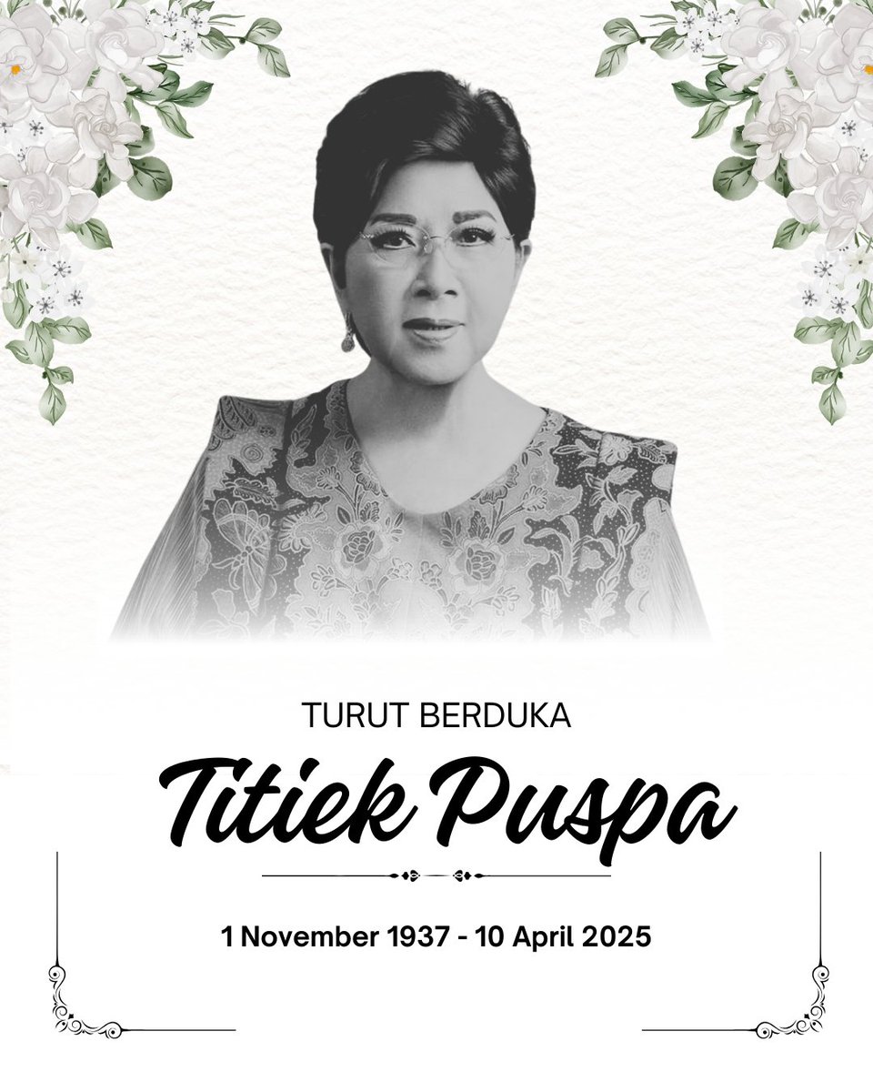 neohistoria_id's tweet photo. Ave Neohistorian!

Dukacita mendalam kami sampaikan atas kepergian Titiek Puspa, sosok legendaris yang telah mengukir sejarah dalam dunia seni Indonesia. Lahir dengan nama Sudarwati pada 1 November 1937 di Tanjung, Kalimantan Selatan, beliau memulai kariernya sejak usia remaja dengan meraih juara dalam kontes menyanyi Bintang Radio di Semarang. Nama panggilan “Titiek Puspa” yang diberikan oleh Presiden Sukarno ini kemudian melekat dan menjadi identitasnya di kancah hiburan nasional. Sepanjang lebih dari enam dekade berkiprah, beliau telah menghasilkan puluhan album dan menciptakan ratusan lagu, termasuk karya-karya abadi seperti "Kupu-Kupu Malam" dan "Bing" yang telah menjadi bagian penting dari jalinan budaya musik Indonesia.

Kontribusi Titiek Puspa terhadap seni dan budaya di Indonesia sangat luar biasa. Selain dikenal sebagai penyanyi dan pencipta lagu, beliau juga pernah menjajal dunia akting serta aktif dalam mendidik dan menginspirasi generasi muda melalui program-program pembinaan seni. Inisiatifnya, seperti membentuk grup vokal Duta Cinta, membuka kesempatan bagi anak-anak dari berbagai latar belakang untuk belajar dan menyalurkan bakat mereka, sekaligus menanamkan nilai-nilai nasionalisme. Jejak karya beliau akan terus hidup dalam Sejarah selama-lamanya.

Selamat jalan, Titiek Puspa!